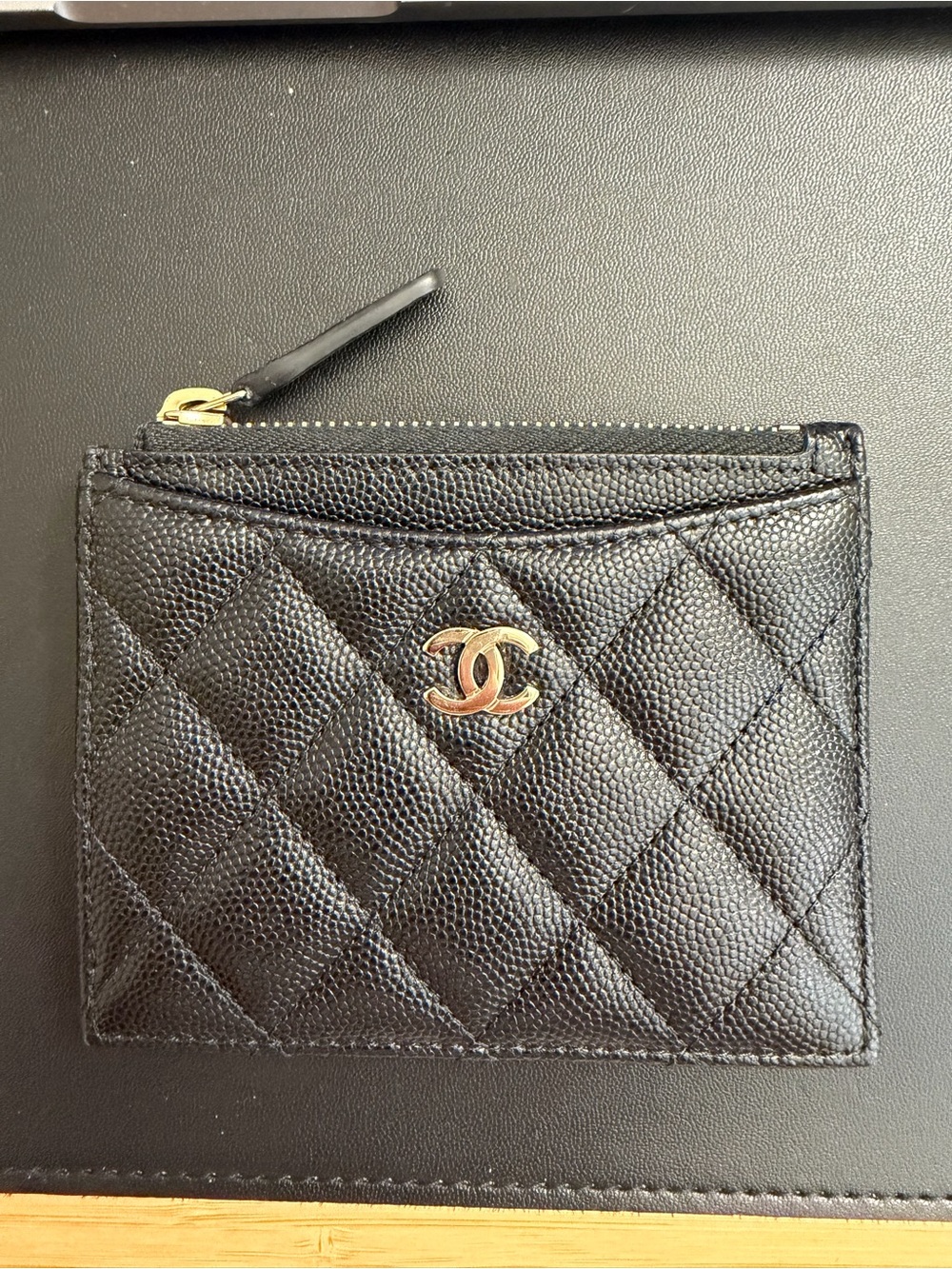 CHANEL Black Quilted Card & Key Holder with Gold CC Emblem